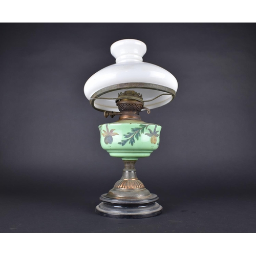 373 - A Late Victorian Oil Lamp with Opaque Glass Reservoir on Copper Support and Ebonised Base, Complete ... 