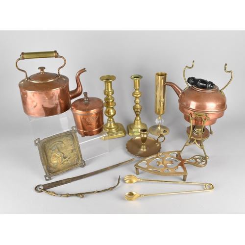 376 - A Collection of Various Metalwares to Comprise Brass Candlesticks, Copper and Brass Spirit Kettle an... 