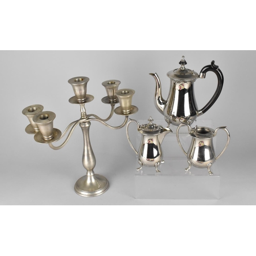 378 - A Silver Plated Three Piece Service Together with a Five Branch Candelabra and a Silver Teaspoon by ... 