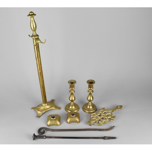 379 - A Collection of Brass to Comprise Candlesticks, Flat Iron Stand etc