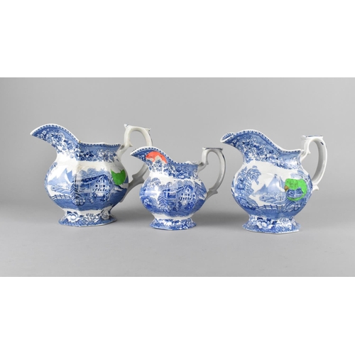 400 - A Set of Three Graduated Blue and White Jugs by T Hughes & Son, Longport, Swiss Pastimes, Tallest 17... 