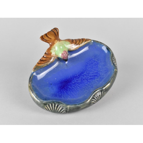 409 - A Doulton Lambeth Soap/Bibelot Dish of Shell Form with Sparrow Finial, No 12156, 15cm wide