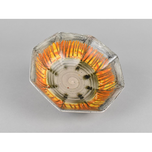 413 - A Shelley Black, Orange and Yellow Tone Drip Glazed Octagonal Bowl, 12.5cm Diameter