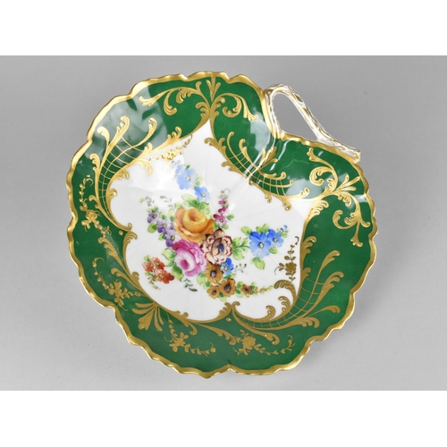 417 - A Limoges Porcelain Leaf Shaped Dish Decorated with Floral Spray Cartouche on Green Ground with Gilt... 