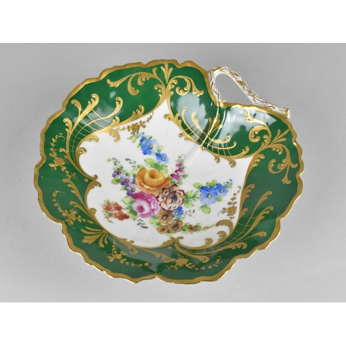 417 - A Limoges Porcelain Leaf Shaped Dish Decorated with Floral Spray Cartouche on Green Ground with Gilt... 