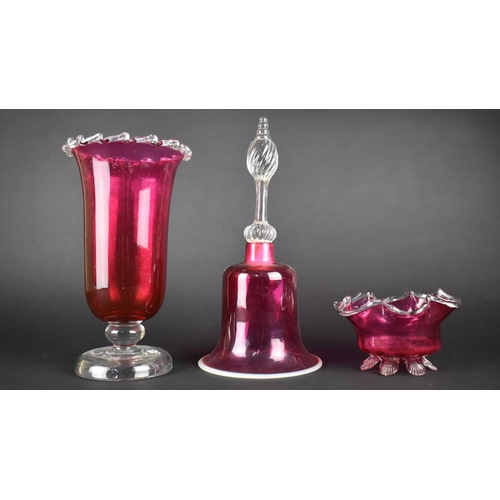 424 - Three Pieces of Late/Early 20th Century Cranberry Glass to comprise Pedestal Vase, Bell and Bowl, Ta... 