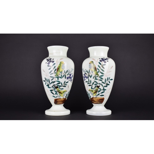 428 - Late Victorian/Edwardian Opaque Glass Vases with hand Painted Decoration Depicting Birds in Foliage,... 