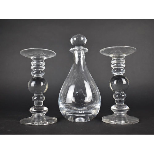 433 - A Pair of Plain Glass Stands with Knopped Supports together with a Nice Quality Decanter