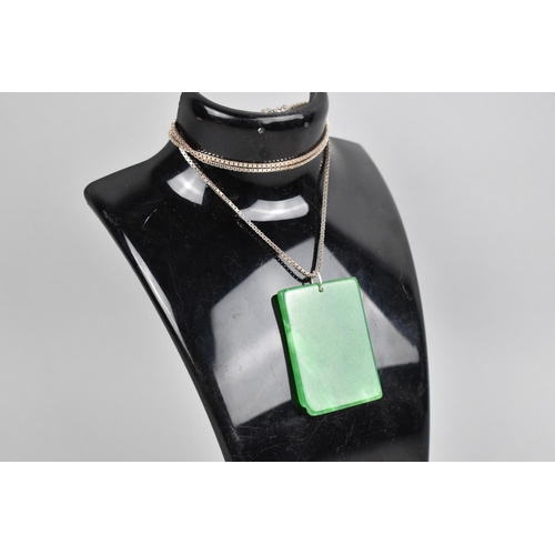 452 - A Large Green Stone Pendant Slab on Silver Chain