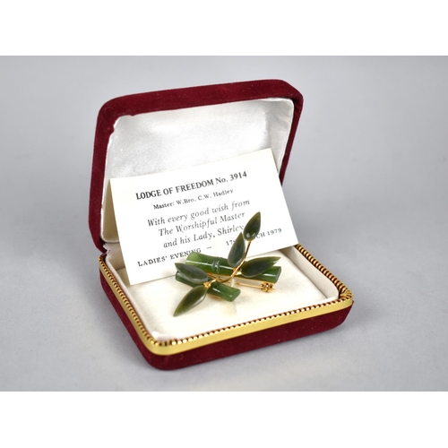 456 - A Jadeite and Gilt Metal Vintage Brooch, In Box with Presentation Card Inscribed for 'Lodge of Freed... 