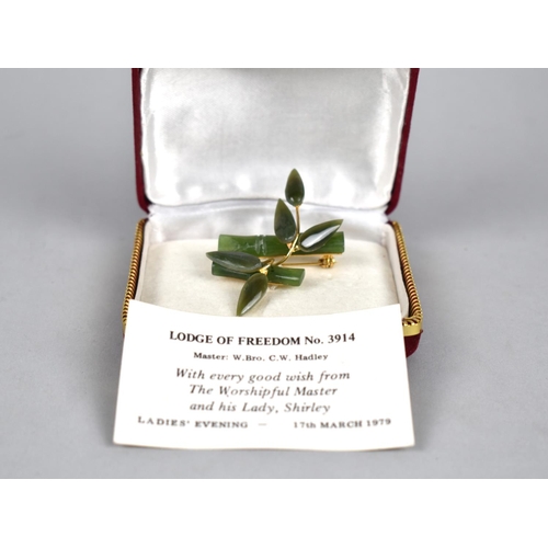 456 - A Jadeite and Gilt Metal Vintage Brooch, In Box with Presentation Card Inscribed for 'Lodge of Freed... 