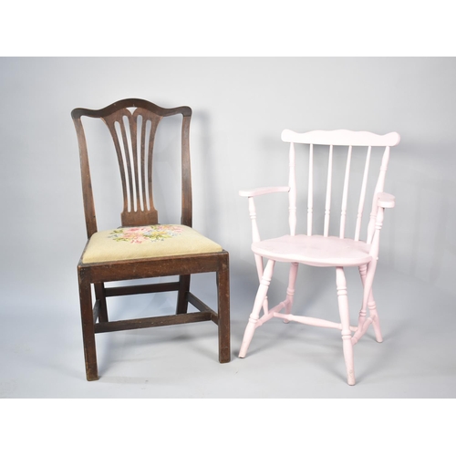 526 - A 19th Century Oak Framed Chair with tapestry Seat and Pierced Splat Back together with a Pink Paint... 