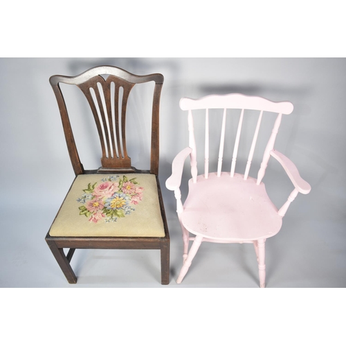 526 - A 19th Century Oak Framed Chair with tapestry Seat and Pierced Splat Back together with a Pink Paint... 