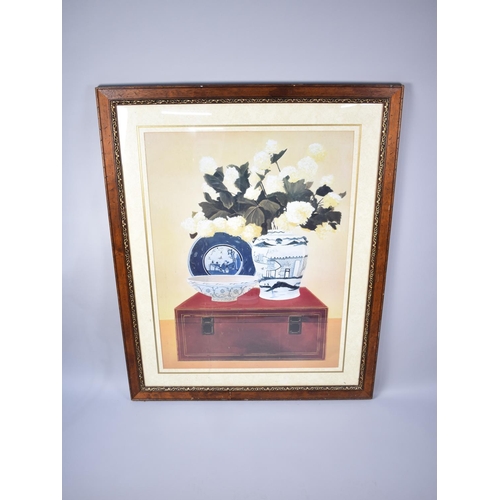 533 - A Large Framed Print, Still Life, Chinese Porcelain and Flowers, Frame 106x131cms High