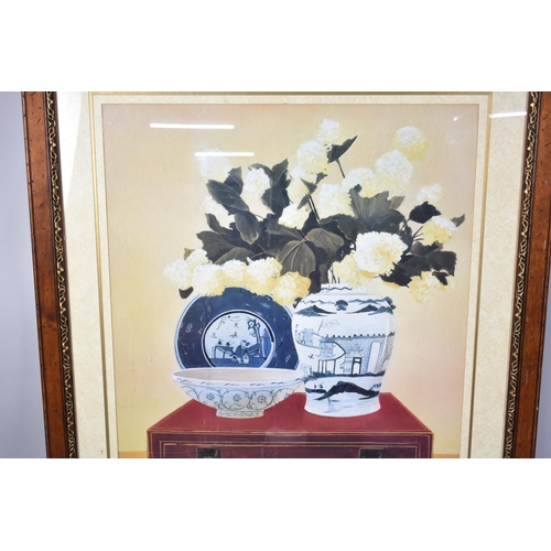 533 - A Large Framed Print, Still Life, Chinese Porcelain and Flowers, Frame 106x131cms High