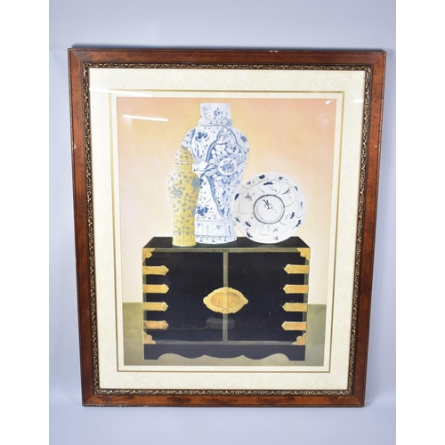 535 - A Large Framed Print, Still Life, Chinese Porcelain and Flowers, Frame 106x131cms High