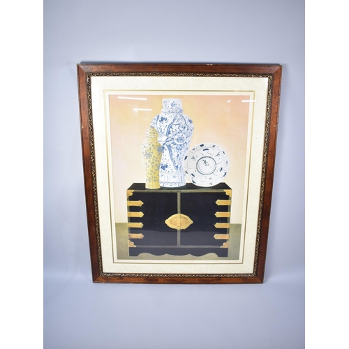 535 - A Large Framed Print, Still Life, Chinese Porcelain and Flowers, Frame 106x131cms High