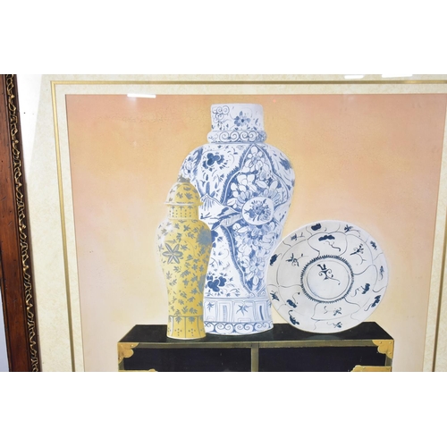 535 - A Large Framed Print, Still Life, Chinese Porcelain and Flowers, Frame 106x131cms High