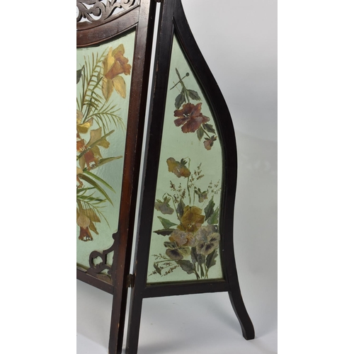 91 - A Late Victorian Mahogany Framed Three Section Fire Screen with Painted Green Glass Panels, 93cms Hi... 