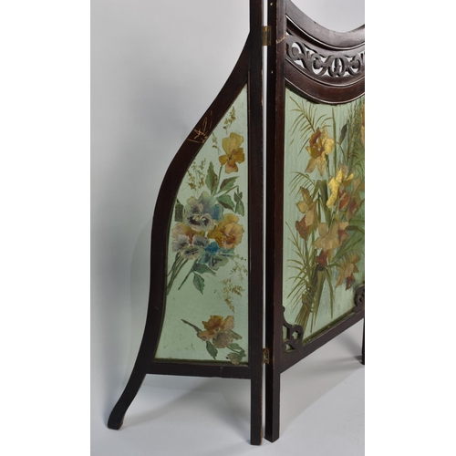 91 - A Late Victorian Mahogany Framed Three Section Fire Screen with Painted Green Glass Panels, 93cms Hi... 