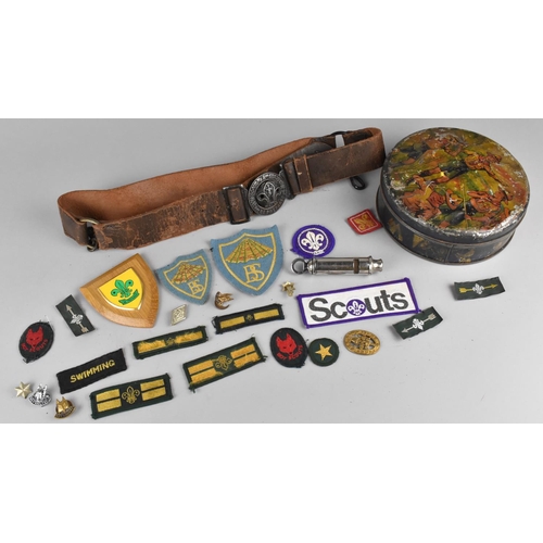 145 - A Vintage Boy Scouts Tin Containing Various Scout Collectables to include Belt, Patches, Shield Etc