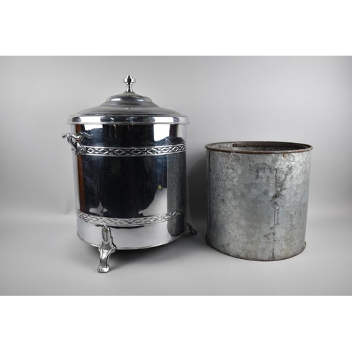 120 - A Mid 20th Century Chromed Circular Coal Bucket on Three Claw Feet, 30cms Wide and 42cms High