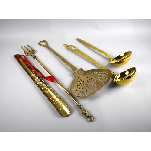 147 - A Collection of Various Brass to include Pair of Ladles, Skimmer, Shoe Horn and Toasting Fork