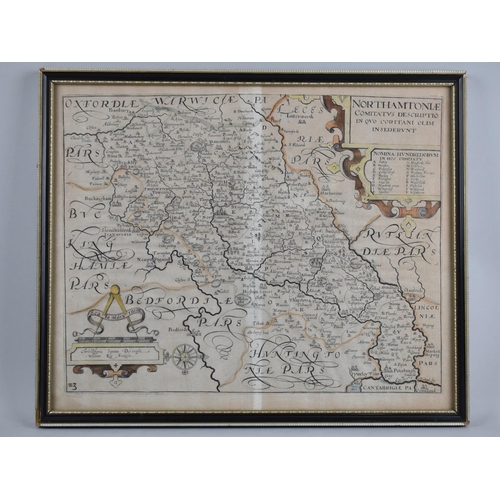 149 - A Framed Hand Coloured 17th Century Map of Northamptonshire by William Kipp After Saxon, 36x28cms