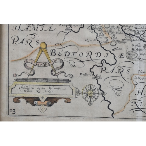 149 - A Framed Hand Coloured 17th Century Map of Northamptonshire by William Kipp After Saxon, 36x28cms