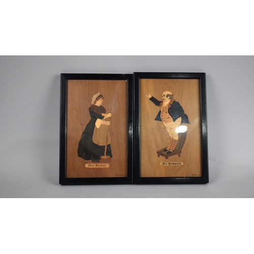 156 - A Pair of Framed Marquetry Pictures, Dickens Characters, Signed A Harper, 19x12cms