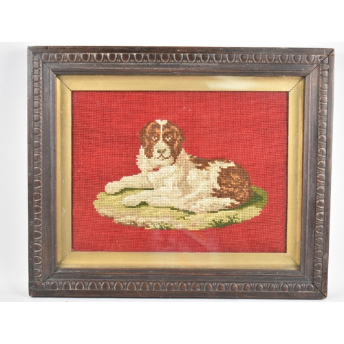 176 - An Oak Framed Tapestry Depicting Reclining St. Bernard Dog, 27x20cms