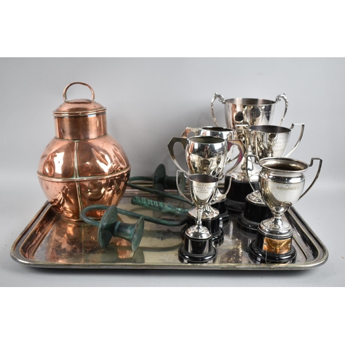 187 - A Collection of Various Trophies, Copper Jug and Rectangular Tray