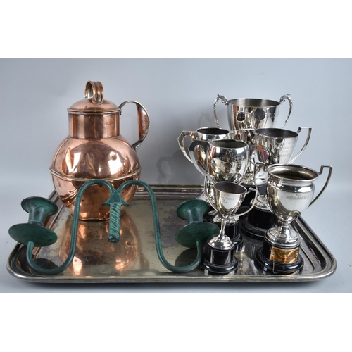 187 - A Collection of Various Trophies, Copper Jug and Rectangular Tray