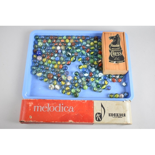 205 - A Collection of Various Mid/Late 20th Century Glass Marbles, A Hohner Melodica, Together with a Boxw... 