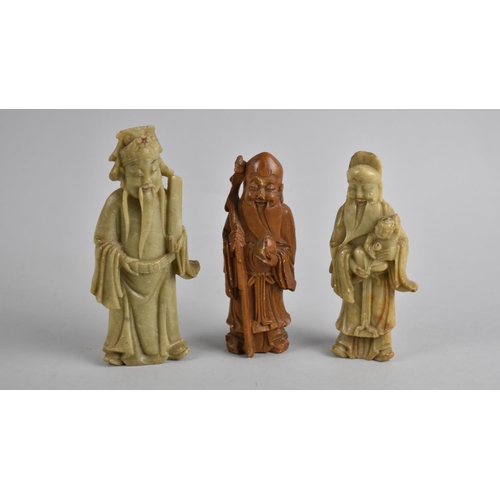 239 - Three Chinese Soapstone Carvings, Chinese Gods, Tallest 13cm high