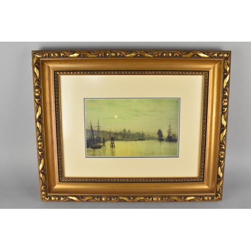 247 - A Gilt Framed Print, Greenwich at Low by Atkinson Grimshaw, Details Verso, Frame 52x42cm