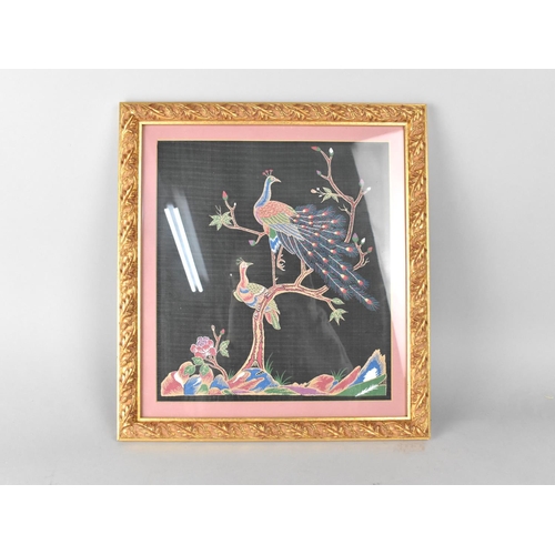 262 - A Gilt Framed Oriental Textile, Peacocks Perched in Tree, Frame 33x36cm