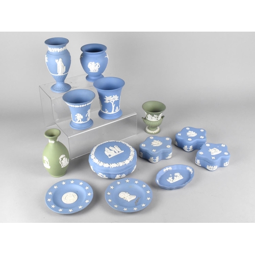 273 - A Collection of Various Wedgwood Jasperware to Comprise Vases, Lidded Boxes and Dishes