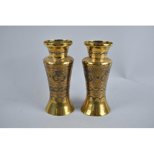 31 - A Pair of Indian Mixed Metal Brass Vases, 14.5cms High together with a Similar Circular Lidded Box, ... 