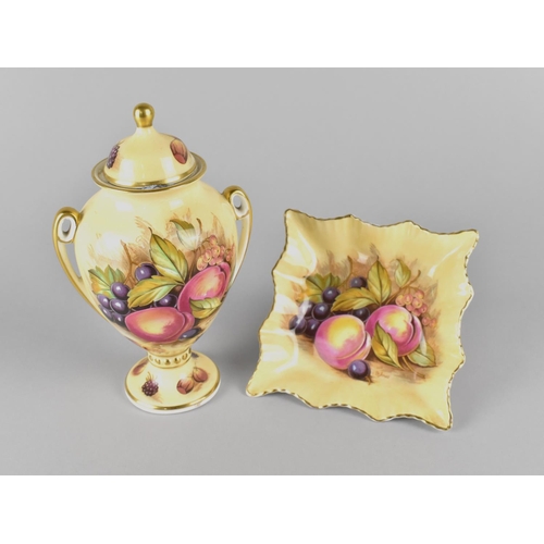 340 - An Aynsley Orchard Gold Lidded Vase of Urn Form, 16cm high Together with a Matching Square Dish