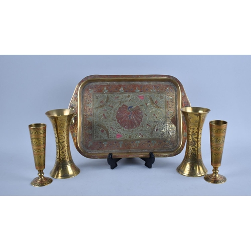 69 - An Indian Enamelled Brass Tray and Two Pairs of Vases