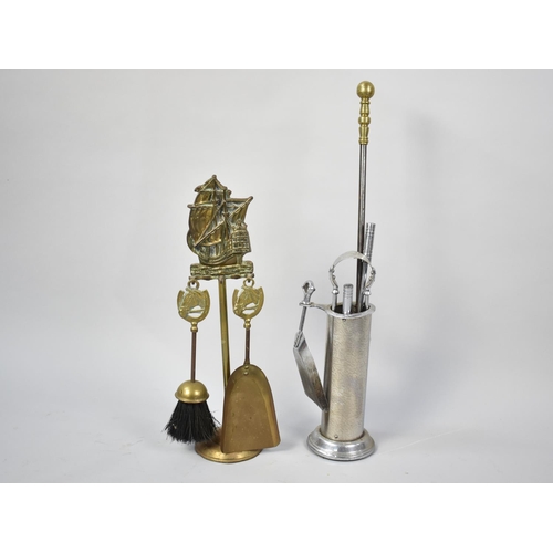 84 - Two Mid 20th Century Fire Companion Sets together with an Unrelated Brass Handled Poker