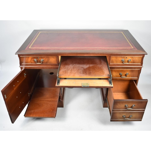 102 - A Late 20th Century Mahogany Kneehole Desk with Red Leather Tooled Top, Centre Pull Out Keyboard Dra... 