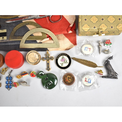 114 - A Collection of Various Curios to include Vintage Union Jack, Various Jewellers Tools, Enamelled Bad... 