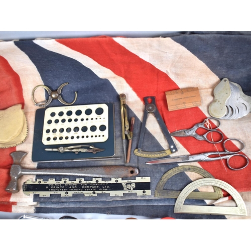 114 - A Collection of Various Curios to include Vintage Union Jack, Various Jewellers Tools, Enamelled Bad... 