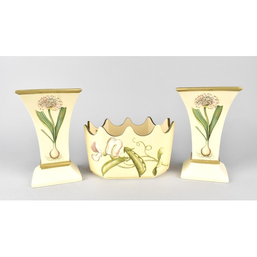 139 - A Pair of Carolyn Sheffield Vases and a Wavy Rimmed Bowl Decorated with Vegetables