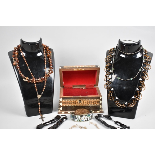 328 - A Wooden Inlaid Casket Collection of Various Jewellery Items to include Amber Mounted Necklace and B... 