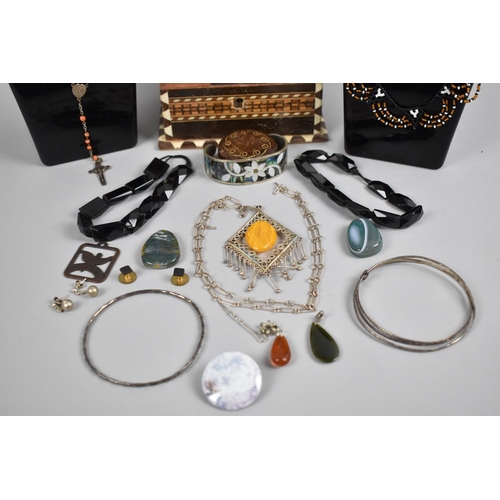 328 - A Wooden Inlaid Casket Collection of Various Jewellery Items to include Amber Mounted Necklace and B... 