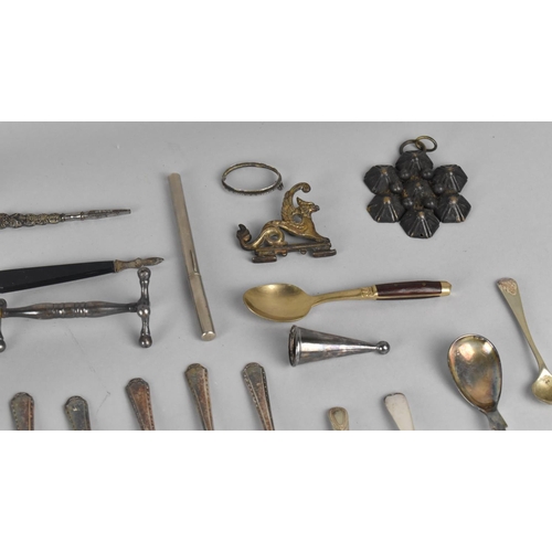 381 - A Collection of Various Curios and Metalwares to Comprise Flatware, Spoons, White Metal Bottle Flask... 