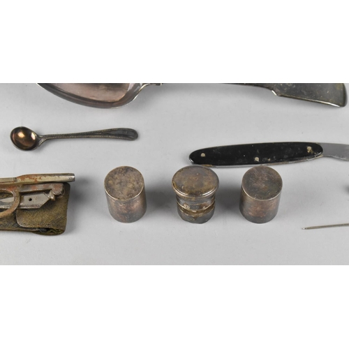 381 - A Collection of Various Curios and Metalwares to Comprise Flatware, Spoons, White Metal Bottle Flask... 